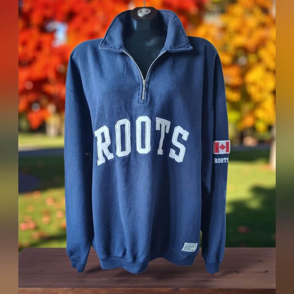 Roots Vintage 90s Navy Blue Quarter-Zip Pullover with White Embroidered Letters